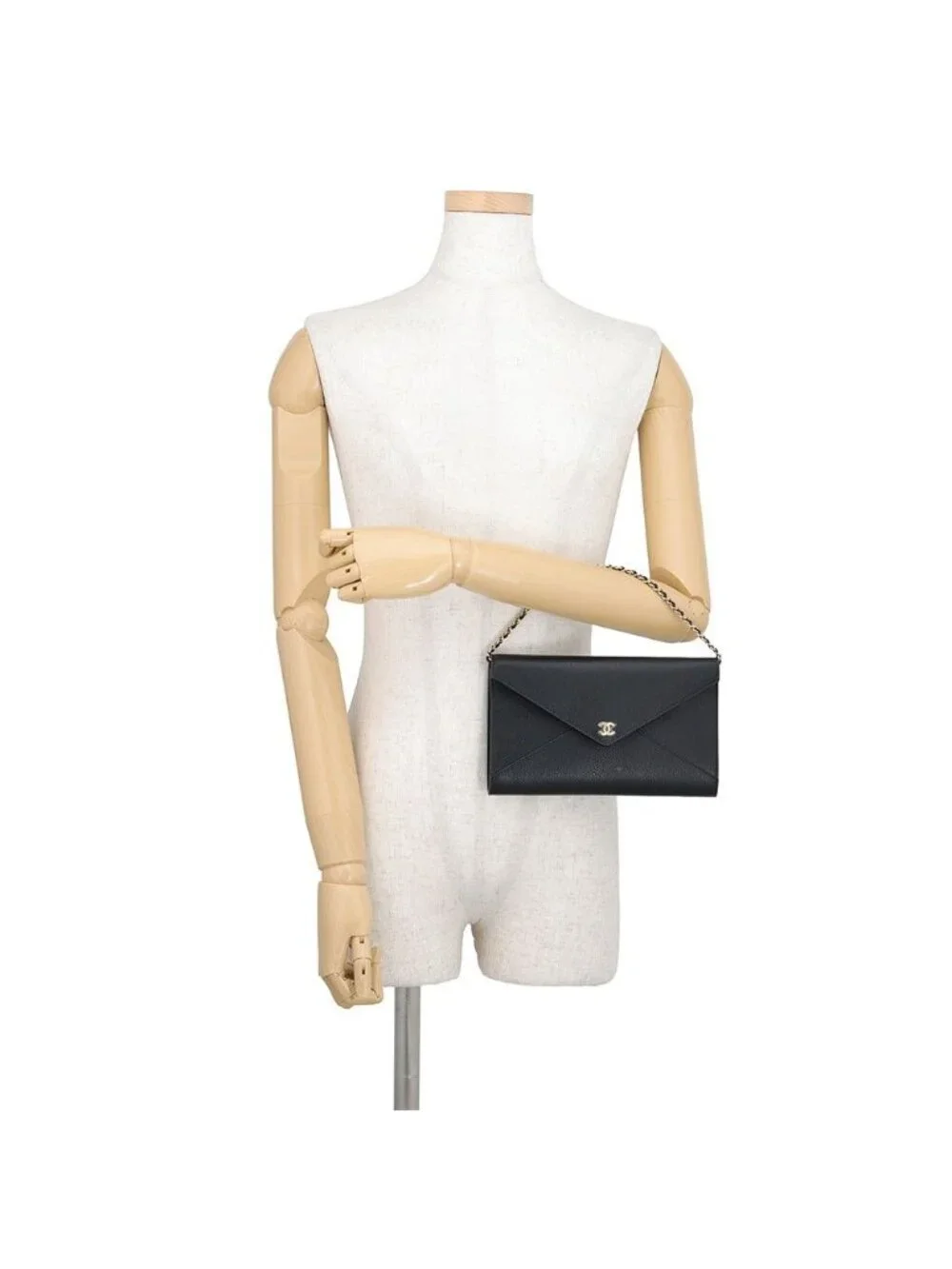 Chanel Chain Shoulder Bag Strap Clutch CC Logo Grained Goat Skin Black